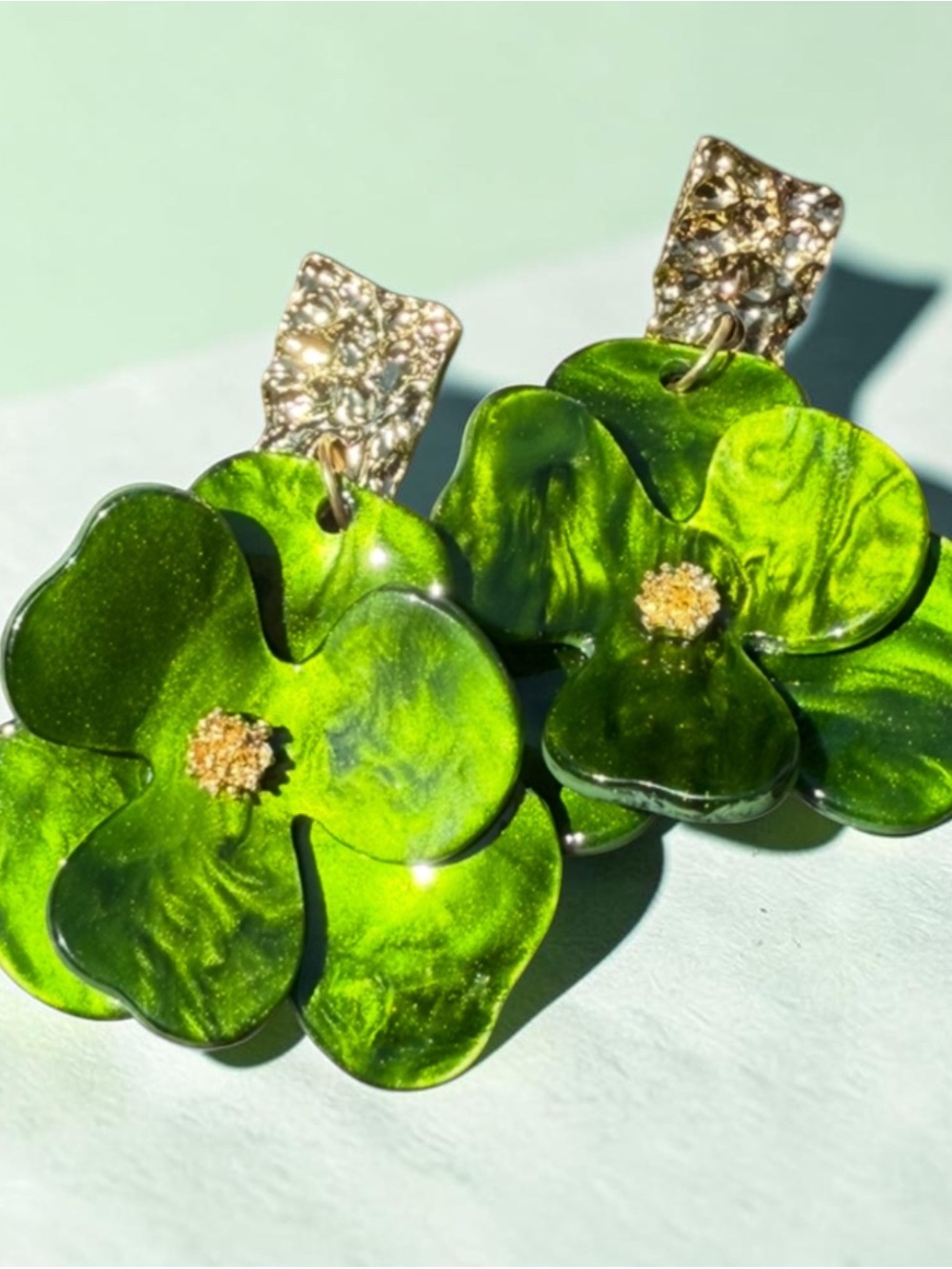 Green Floral Statement Drop Earrings - Gold Accents one set